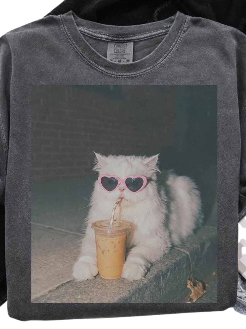 Comfort Colors Black Graphic Tee with Pink Heart Sunglasses Cat